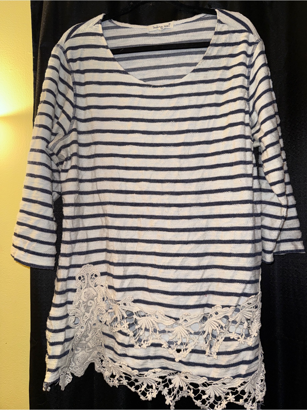 Indigo Soul Navy & White Striped Scoop-Neck Tunic With Lace Hem